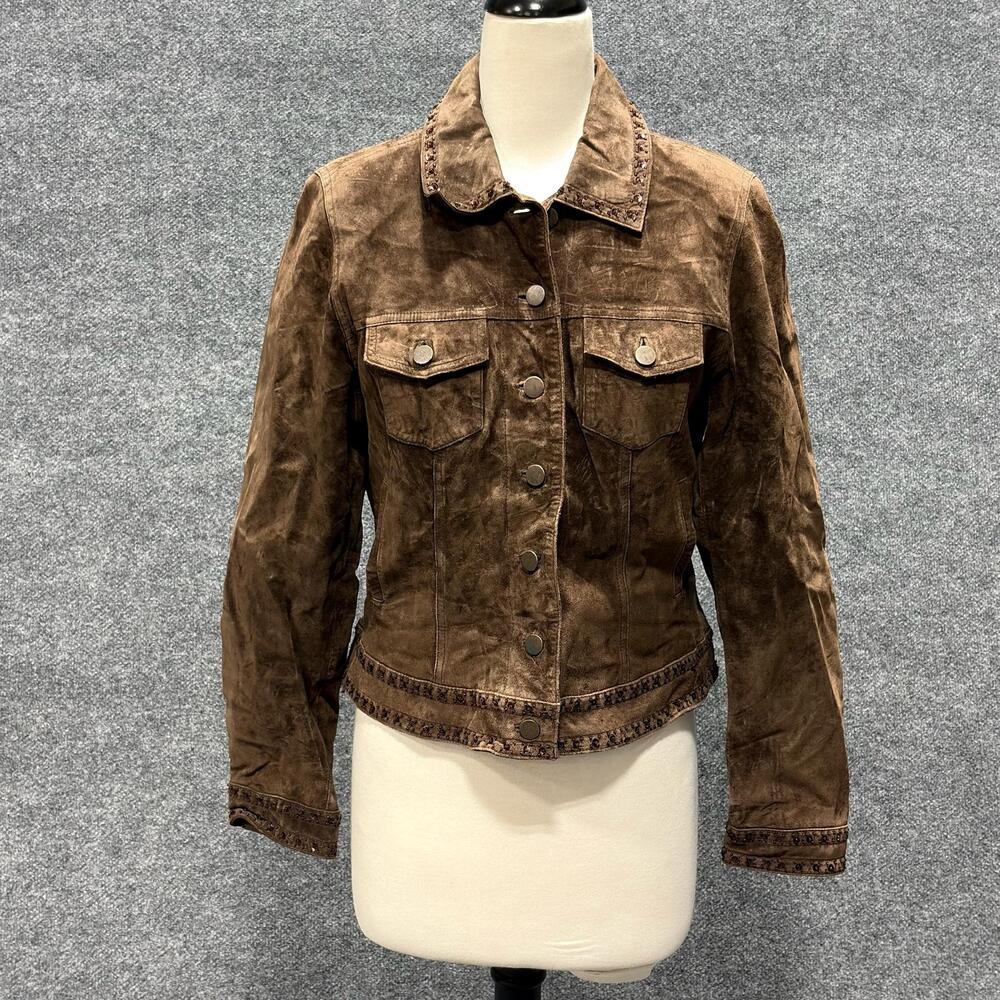 Tribal Jacket Womens 8 Brown Leather Beaded Sequin Western Short Boho Snap Front